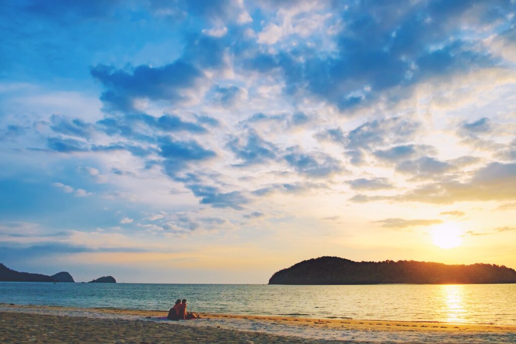 Pantai Tengah Beach at colorful sunset, Langkawi Island, Malaysia.